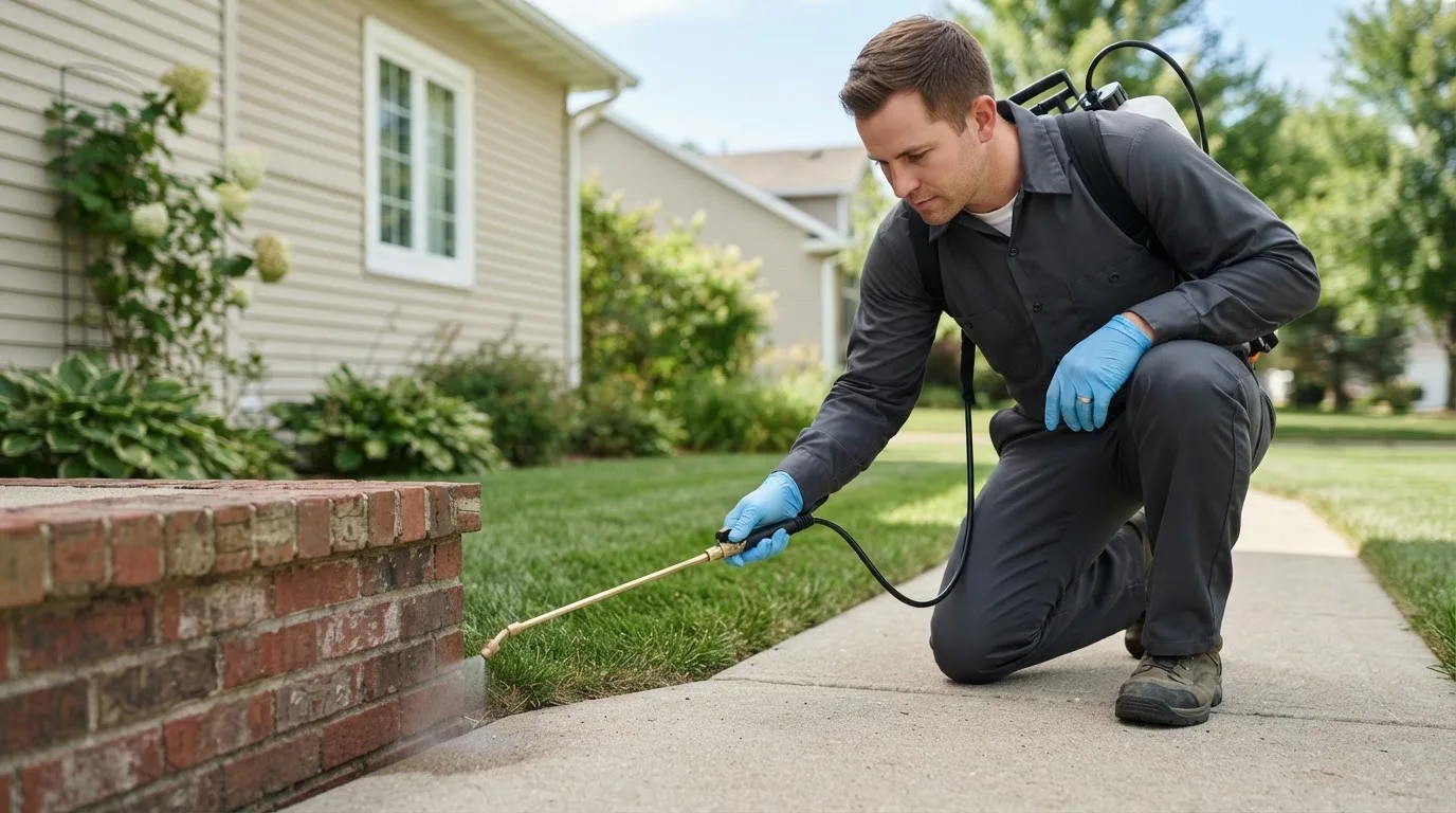 Pest control technician treating a home near Celeste, TX