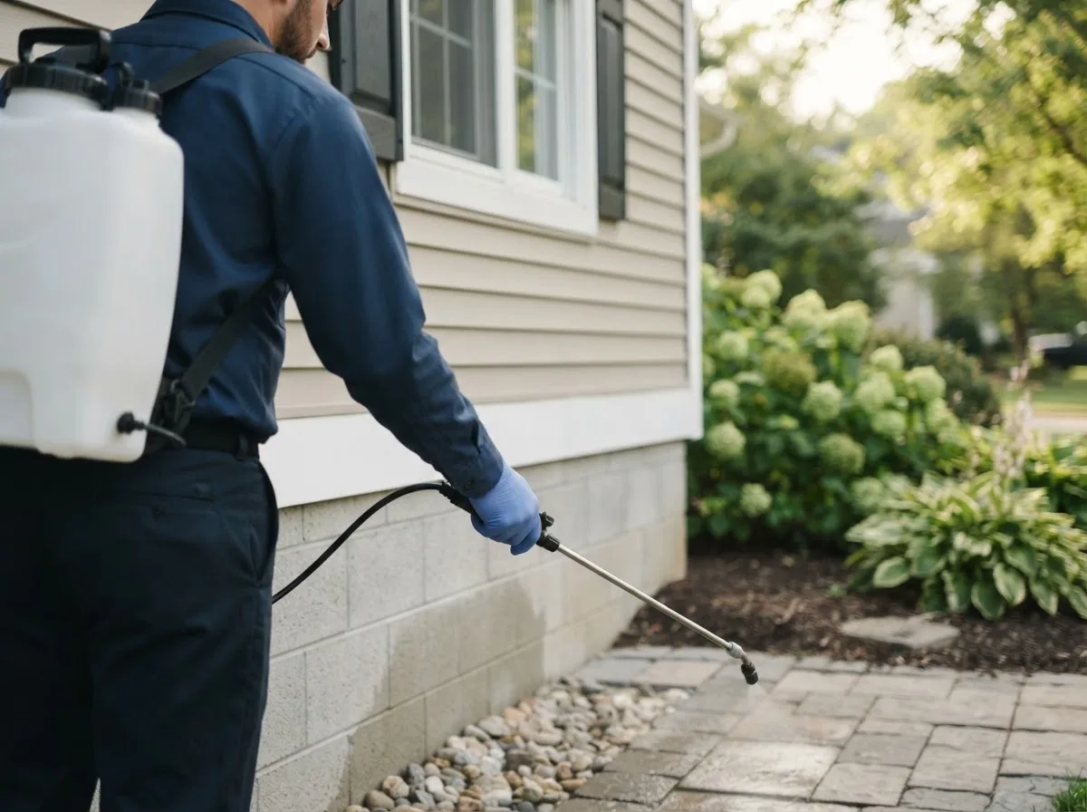 Pest control technician inspecting a home in Celeste, TX